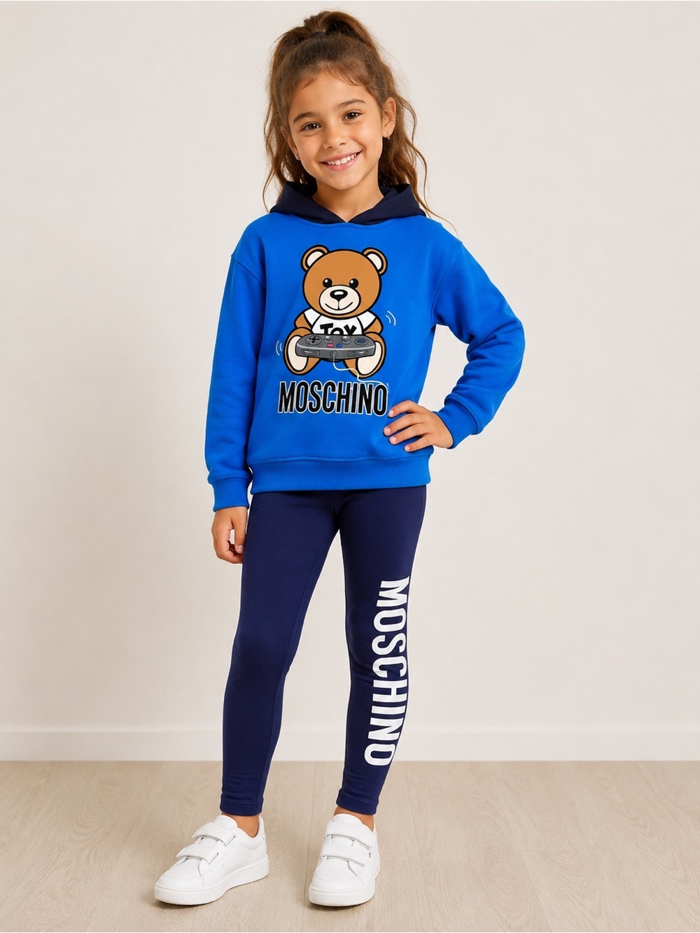 Moschino Kids Blue Hoodie with Pants 2 pcs Set with Bear Graphic, Size 8